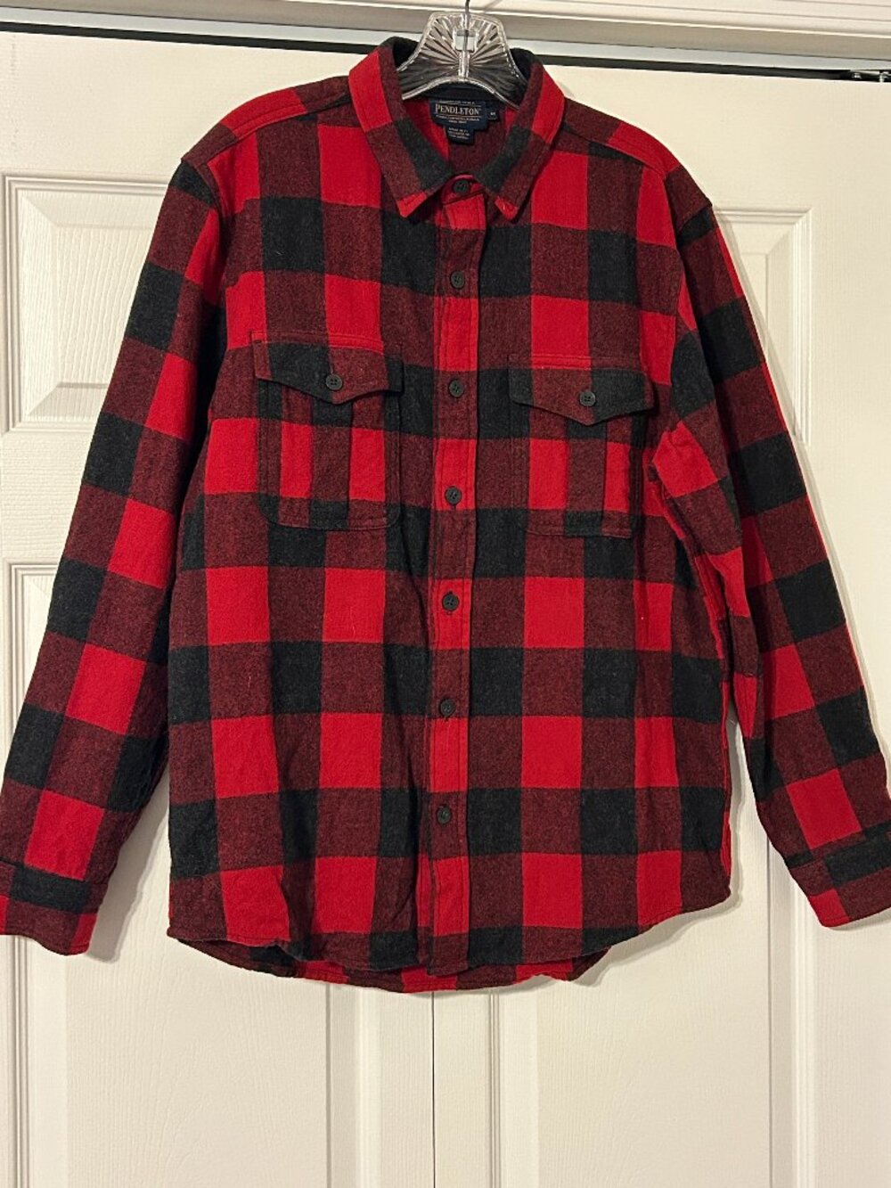 Mens PENDLETON Scout Sz M Red Black Buffalo Plaid 100% Wool Long Sleeve Shirt